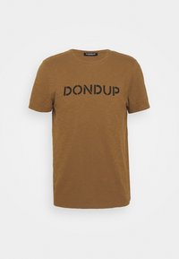 Brun bomulds T-shirt med rund hals og korte ærmer. Har sort "DONDUP" tekst trykt hen over forsiden i fede bogstaver.