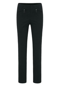 Zwarte broek met een elastische tailleband, recht pijpen en twee ritszakken aan de voorkant. Gemaakt van een zachte, rekbare stof.