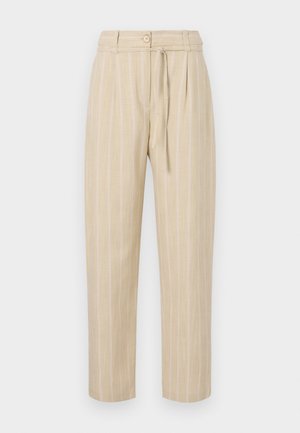 Beige striped trousers with a relaxed fit, featuring a cinched waist, button closure, and tie belt, made from lightweight fabric.