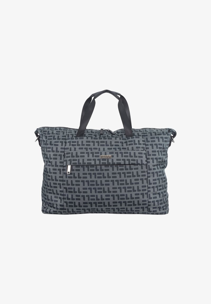 Black and gray patterned duffel bag with two black handles, zippered top, front pocket, and textured fabric. Measures approximately large size.