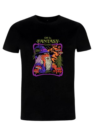 Black cotton t-shirt featuring a colorful graphic design of a wizard with mushrooms and foliage, captioned “Off in Fantasy Land.”
