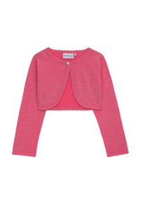 Rosa kurze Strickjacke mit langen Ärmeln, aus strukturiertem Strickstoff gefertigt. Mit wellenförmigen Kanten und einem dekorativen Knopf auf der Vorderseite.