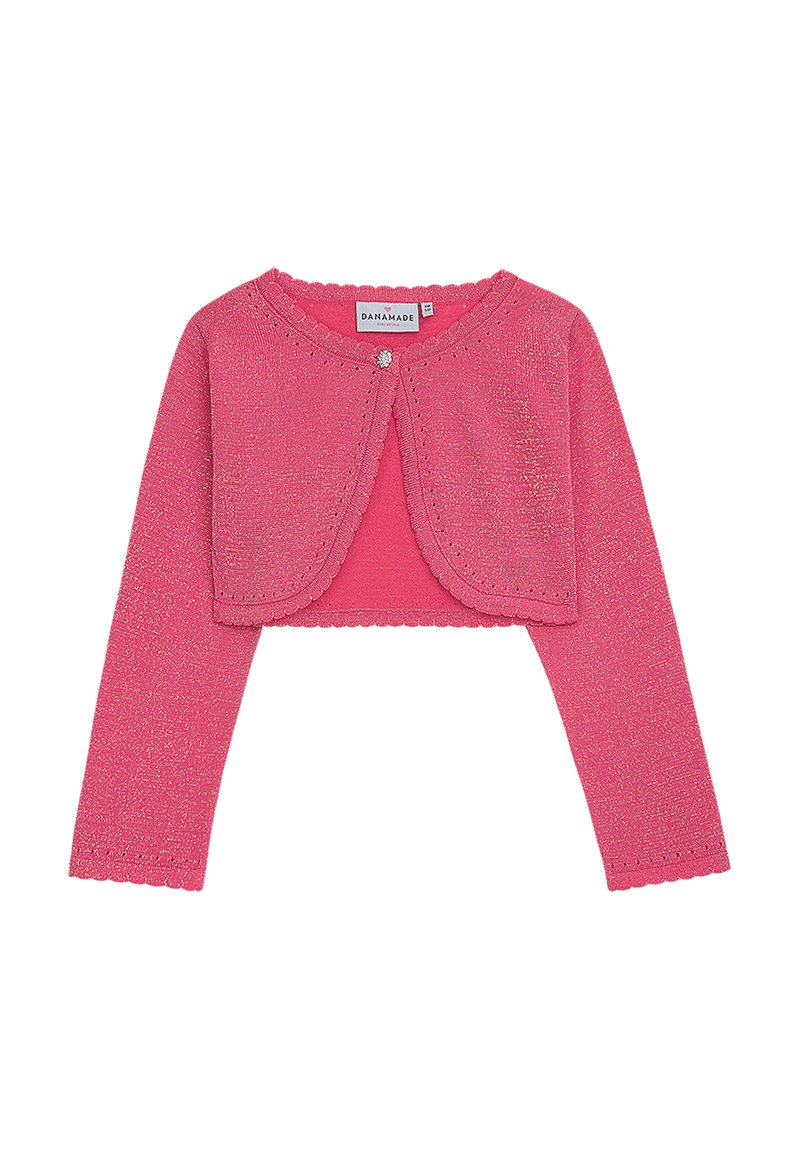 Rosa kurze Strickjacke mit langen Ärmeln, aus strukturiertem Strickstoff gefertigt. Mit wellenförmigen Kanten und einem dekorativen Knopf auf der Vorderseite.