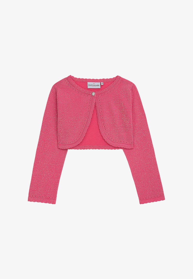 Rosa kurze Strickjacke mit langen Ärmeln, aus strukturiertem Strickstoff gefertigt. Mit wellenförmigen Kanten und einem dekorativen Knopf auf der Vorderseite.