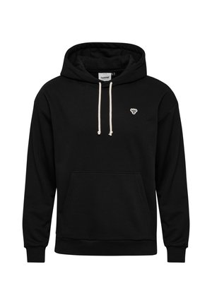 Black hooded sweatshirt with a front kangaroo pocket, white drawstrings, and a small white logo on the chest. Soft fabric texture.