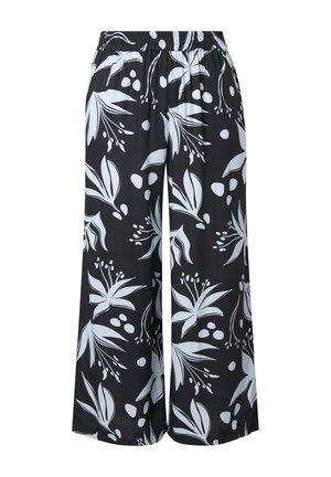Pantaloni neri a gamba larga con grandi motivi floreali e foglie bianchi e vita elasticizzata.