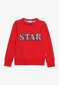 Sudadera roja de manga larga, con puños acanalados y un cuello redondo que presenta la palabra "ESTRELLA" en letras gruesas y con un diseño adornado.
