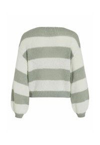 Gestreifter Strickpullover mit breiten horizontalen Streifen in Hellgrün und Weiß. Gekürztes Design mit weiten Ärmeln und geripptem Bund.