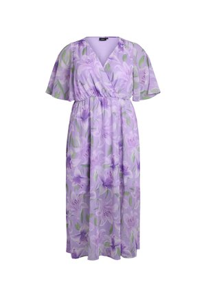Lavender floral midi dress with flutter sleeves, V-neck wrap bodice, gathered waist, and green leaf accents on lightweight fabric.