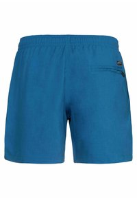 Blå simshorts med elastisk midja, en bakficka med dragkedjestängning och en slät tygkvalitet. Enkelt design, inga mönster.
