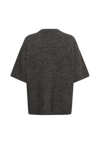 Pull gris foncé à manches courtes, coupe ample, col rond, en maille douce texturée, montré de dos.