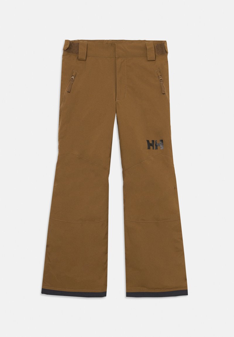 Brune vanntette skibukser med sidelommer med glidelås, justerbar midje og svart logo-detalj nær bunnsømmen. Flat foran design.