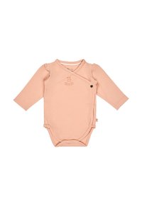 Peach long-sleeve baby bodysuit with side snap buttons and small animal graphic on chest.