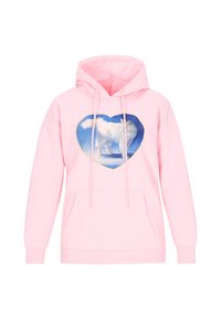 Rózsaszín kapucnis pulóver első zsebbel, melyen egy fehér kutya szív alakú grafikája látható kék háttéren. Puha anyagból, állítható zsinóros kapucnival.