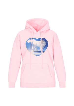 Vaaleanpunainen huppari, jossa etutasku ja sydämen muotoinen kuva valkoisesta koirasta sinisellä taustalla. Pehmeä kangas, säädettävä kiristysnauha hupussa.