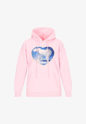 Rózsaszín kapucnis pulóver első zsebbel, melyen egy fehér kutya szív alakú grafikája látható kék háttéren. Puha anyagból, állítható zsinóros kapucnival.