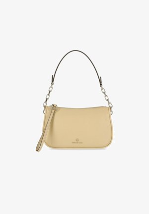 Borsa a tracolla in pelle color cuoio con una forma curva, dotata di catena e chiusura a zip. Hardware argentato notevole con un piccolo logo sul davanti.