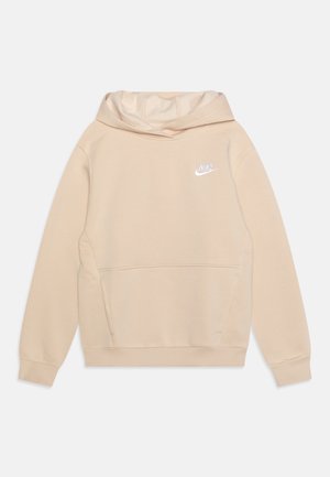 Beige hættetrøje lavet af blødt stof med en kængurulomme, justerbar snor til hætten og et lille hvidt Nike-logo på brystet.