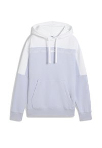 Lichtpaarse hoodie met een wit bovenstuk, voorzak, verstelbare trekkoorden en een subtiele logo-accent aan de voorkant van de borst.