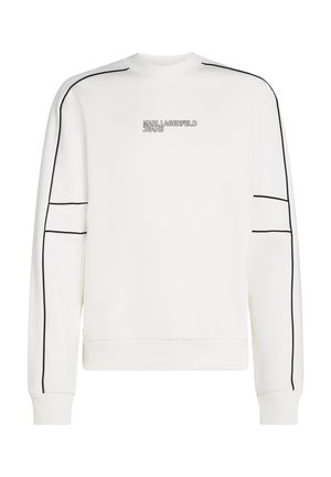 Felpa bianca con maniche lunghe, piping nero lungo le braccia e logo ricamato "KARL LAGERFELD JEANS" sul petto.