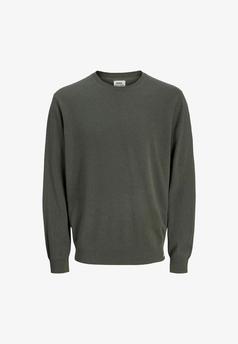 Zöld kötött pulóver kerek nyakkivágással, hosszú ujjakkal, bordás mandzsettákkal és aljjal. Belül "R.D.D." feliratos címke található.