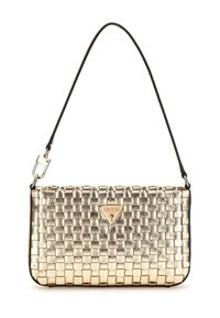 Woven metallic gold handbag with a black strap, featuring a triangular logo accent and smooth texture. Compact rectangular shape.