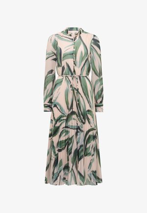 Robe midi à manches longues avec imprimé de feuilles vertes et noires, devant boutonné, jupe plissée et ceinture assortie sur une base beige clair.
