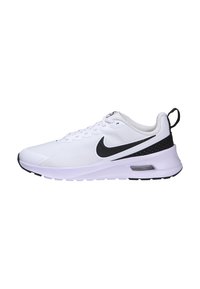 White athletic sneakers with a textured upper, black accents, and a visible air unit in the sole. Lace-up design, pull tab on the heel.