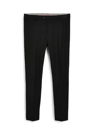 Pantaloni neri realizzati in tessuto liscio, dotati di vita piatta, due tasche laterali e chiusura con bottone in vita. Design sartoriale a gamba dritta.