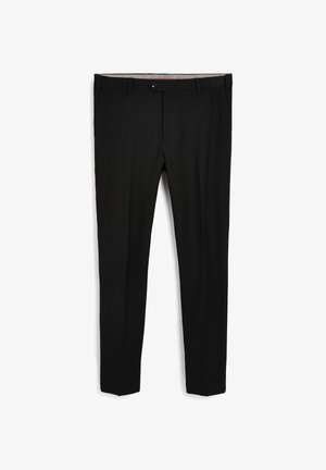 Černé kalhoty vyrobené z hladké látky, s plochým předním dílem, dvěma bočními kapsami a zapínáním na knoflík v pase. Střih s rovnými nohavicemi, podšité a přizpůsobené.