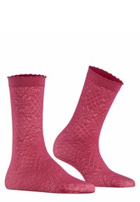 Calzini rosa a motivo con bordo ondulato, caratterizzati da un design testurizzato e una vestibilità aderente, realizzati in un materiale morbido e elasticizzato.
