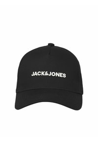 Black cap made of textured fabric, featuring a curved brim and a white "JACK&JONES" logo centered on the front.