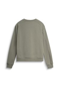 Sudadera de algodón verde con cuello redondo, mangas raglán y dobladillo cropped. Textura suave con un detalle de costura mínima en los bordes.