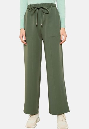 Green wide-leg trousers with an elastic waistband and drawstring, featuring front pockets and a smooth texture.