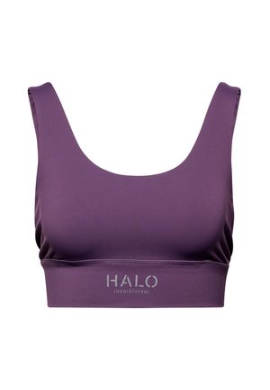 Lilla sportsbh med brede stropper, glat tekstur og en tætsiddende pasform. Har et sølvfarvet "HALO" logo på båndet.