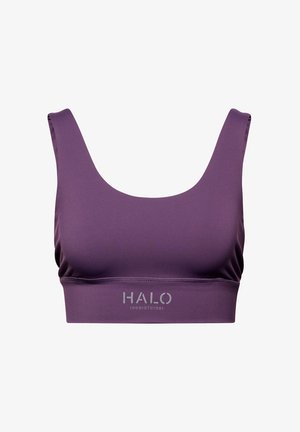 Fioletowy stanik sportowy z szerokimi ramiączkami, gładką teksturą i dopasowanym krojem. Posiada srebrne logo "HALO" na pasie.