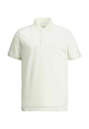 Wit poloshirt met korte mouwen, kraag en een drieknoopssluiting, weergegeven op een effen achtergrond.