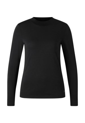 Chemise noire à manches longues en tissu doux avec un col rond, présentant une silhouette ajustée et un ourlet net. Sans motifs ni accents.