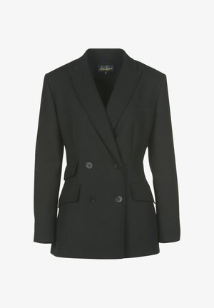 Sort dobbeltbrystet blazer, med klapkrave, fire foran lommer, to knapper, skræddersyet pasform og glat stoftekstur.