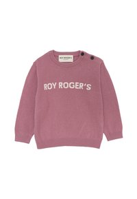Maglione rosa lavorato a maglia con la scritta "ROY ROGER'S" in bianco. Presenta un collo rotondo, polsini a coste e due bottoni neri decorativi sulla spalla.