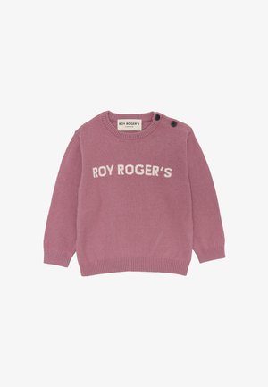 Maglione rosa lavorato a maglia con la scritta "ROY ROGER'S" in bianco. Presenta un collo rotondo, polsini a coste e due bottoni neri decorativi sulla spalla.