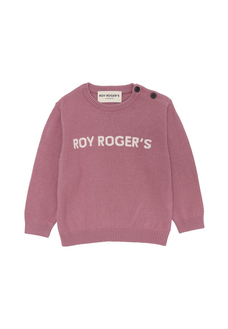 Maglione rosa lavorato a maglia con la scritta "ROY ROGER'S" in bianco. Presenta un collo rotondo, polsini a coste e due bottoni neri decorativi sulla spalla.