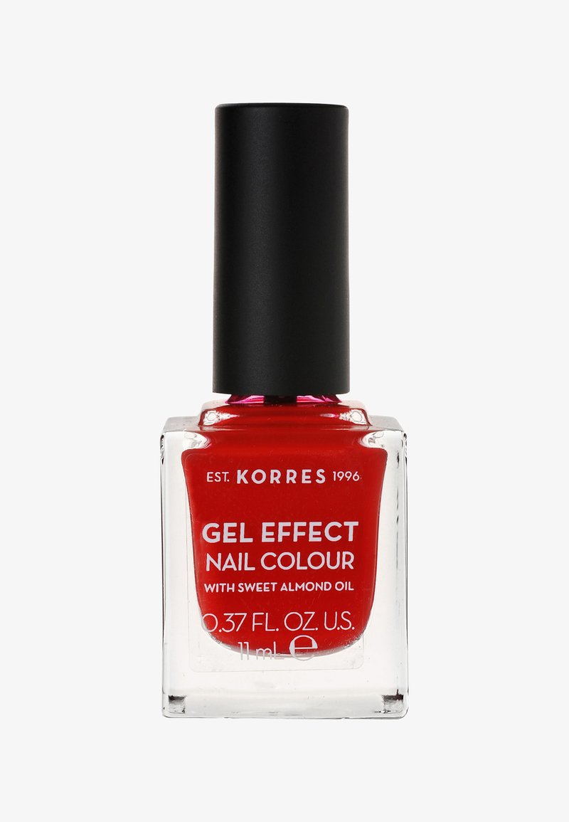 Red gel effect nail polish bottle with black cap labeled Korres, containing sweet almond oil, 11 ml capacity.