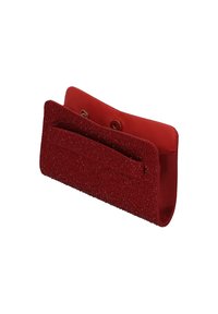 Rote, strukturierte Brieftasche aus Stoff mit glattem Innenfutter. Verfügt über eine Fronttasche und einen Druckknopfverschluss. Kompaktes Design mit minimaler Form.