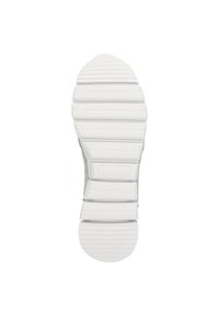 Semelle de chaussure avec une surface en caoutchouc blanc texturé, dotée de profondes rainures et crêtes pour une traction optimale. Partie supérieure en daim gris visible sur les côtés.