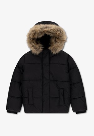 Veste d'hiver matelassée noire avec grande capuche bordée de fausse fourrure beige, poches avant et manches longues.