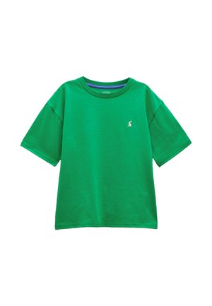 Green short-sleeve crew neck t-shirt with a small white rabbit logo on the left chest and a blue inner neck detail.
