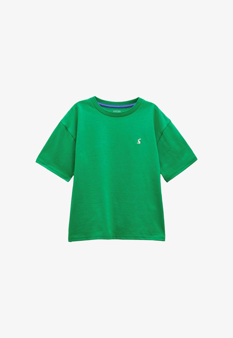 T-shirt vert à manches courtes avec col rond, petit logo de lapin blanc sur la poitrine gauche et détail intérieur du col bleu.