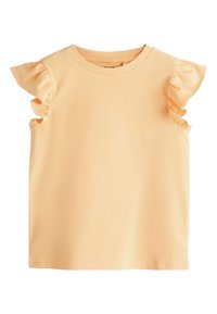 Chemise sans manches orange clair avec des manches courtes à volants et un col rond, présentée sur un fond blanc.