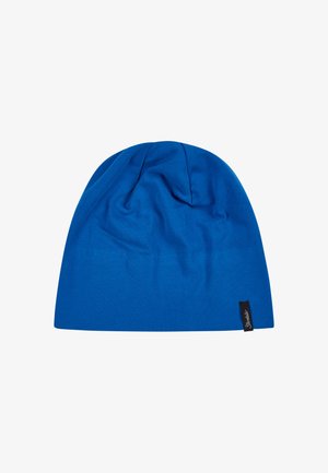 Blauer Strickbeanie mit weicher Textur, ausgestattet mit einem gerafften oberen Teil und einem kleinen schwarzen Etikett an der Seite.
